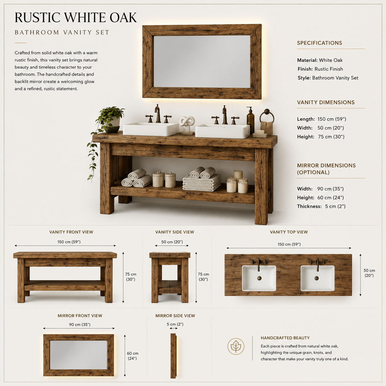 ALDRIC  Rustic American Oakwood Double Bathroom Vanity
