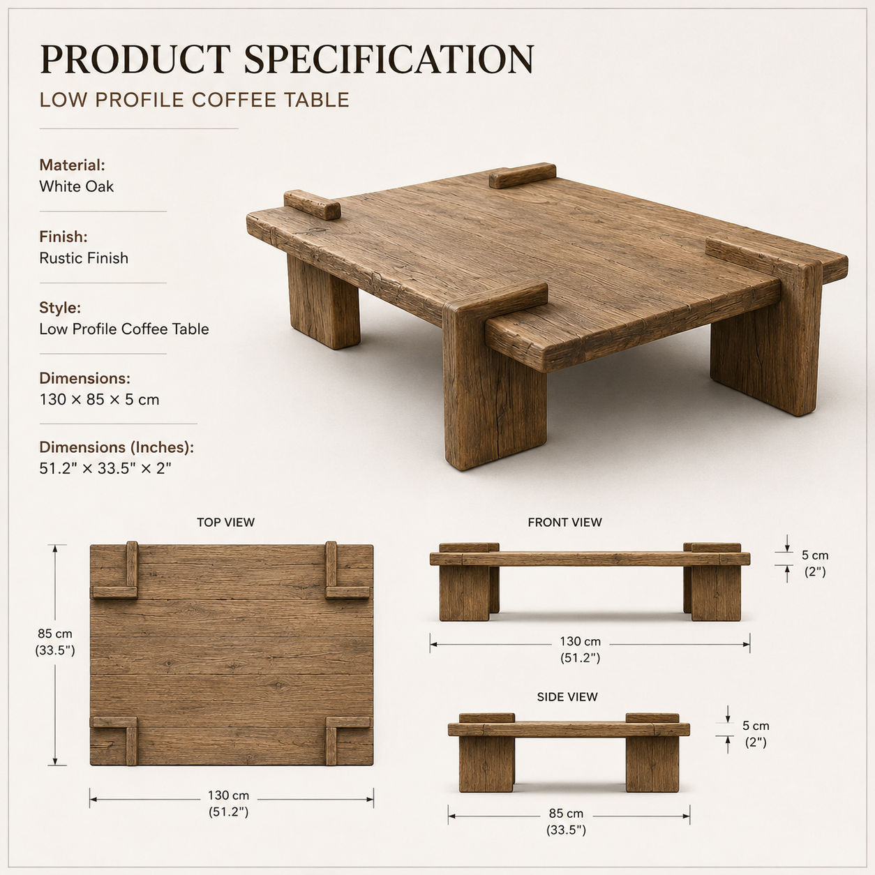 Auren Rustic American White Oak Coffee Table