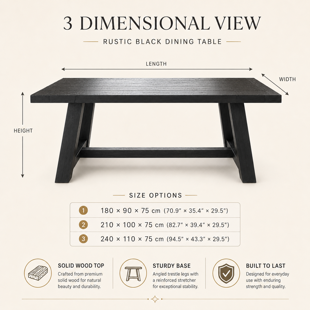 AUGUST 55mm Rustic Black Solid Hardwood Dining Table