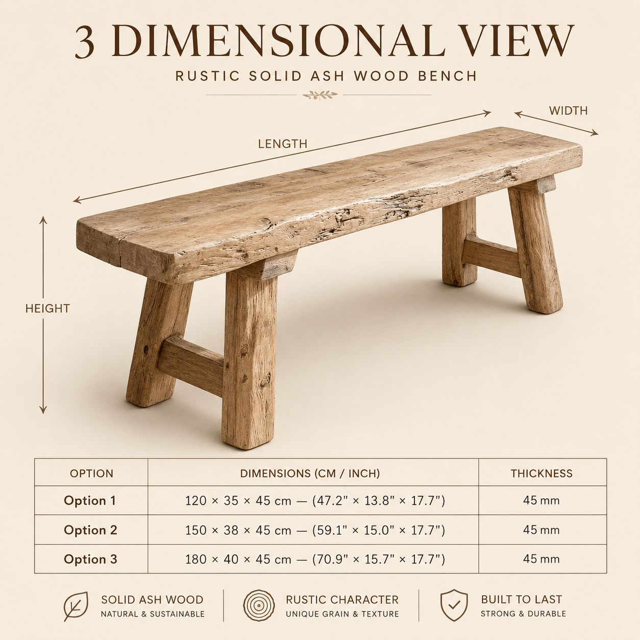 AXEL Rustic Solid Ash Wood Bench