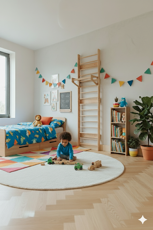 Swedish Ladder with Bars + Slide + Art Table – Montessori Indoor Play Gym