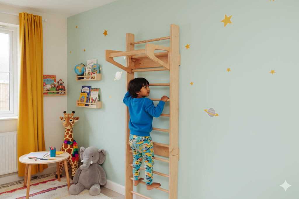Swedish Ladder with Bars + Slide + Art Table – Montessori Indoor Play Gym