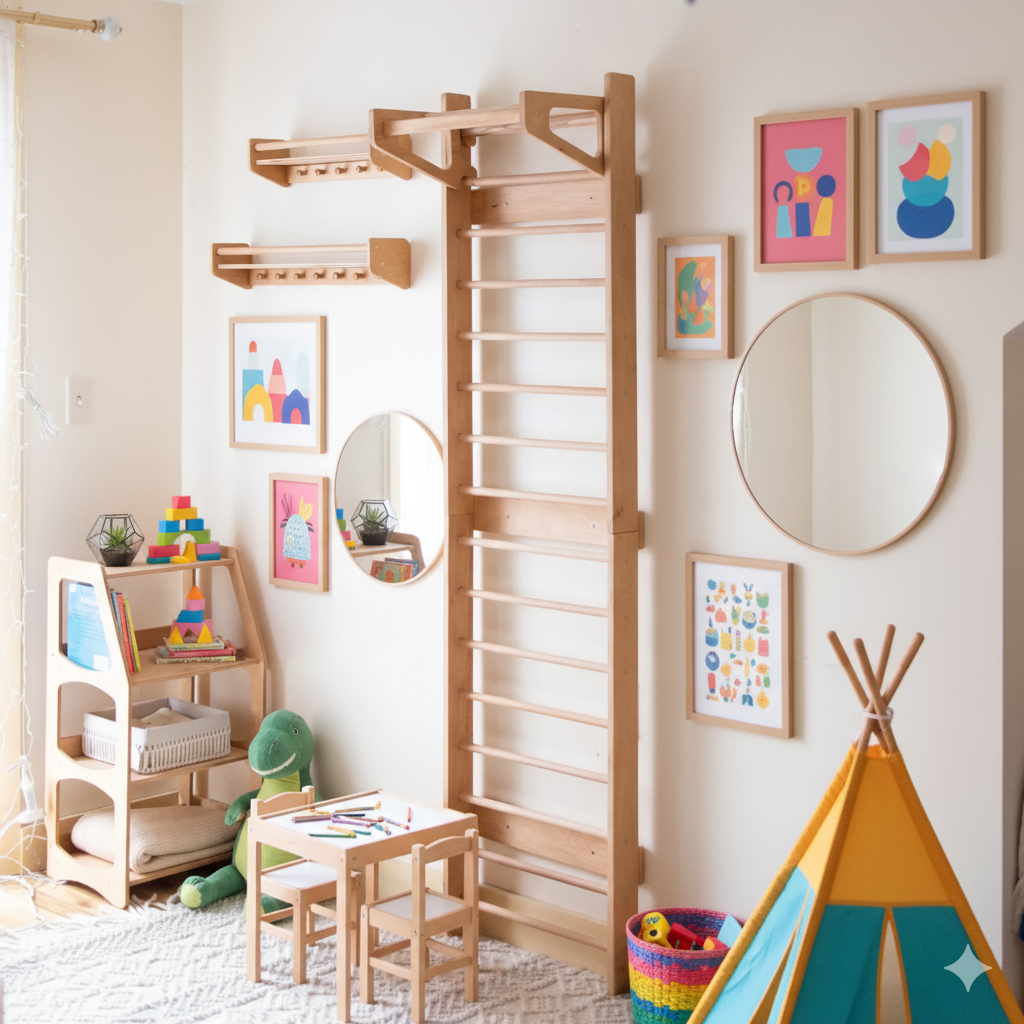 Swedish Ladder with Bars + Slide + Art Table – Montessori Indoor Play Gym