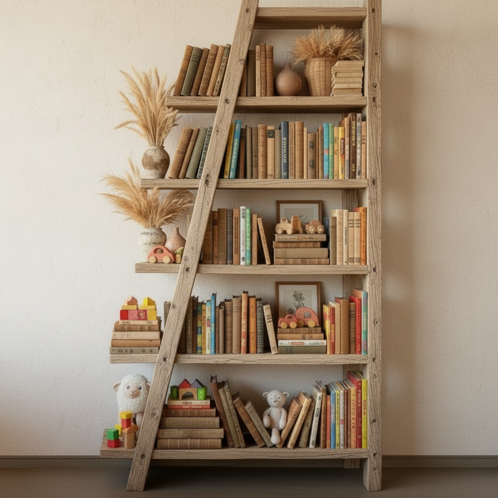 ASHBOURNE Rustic American Oakwood Ladder Bookshelf
