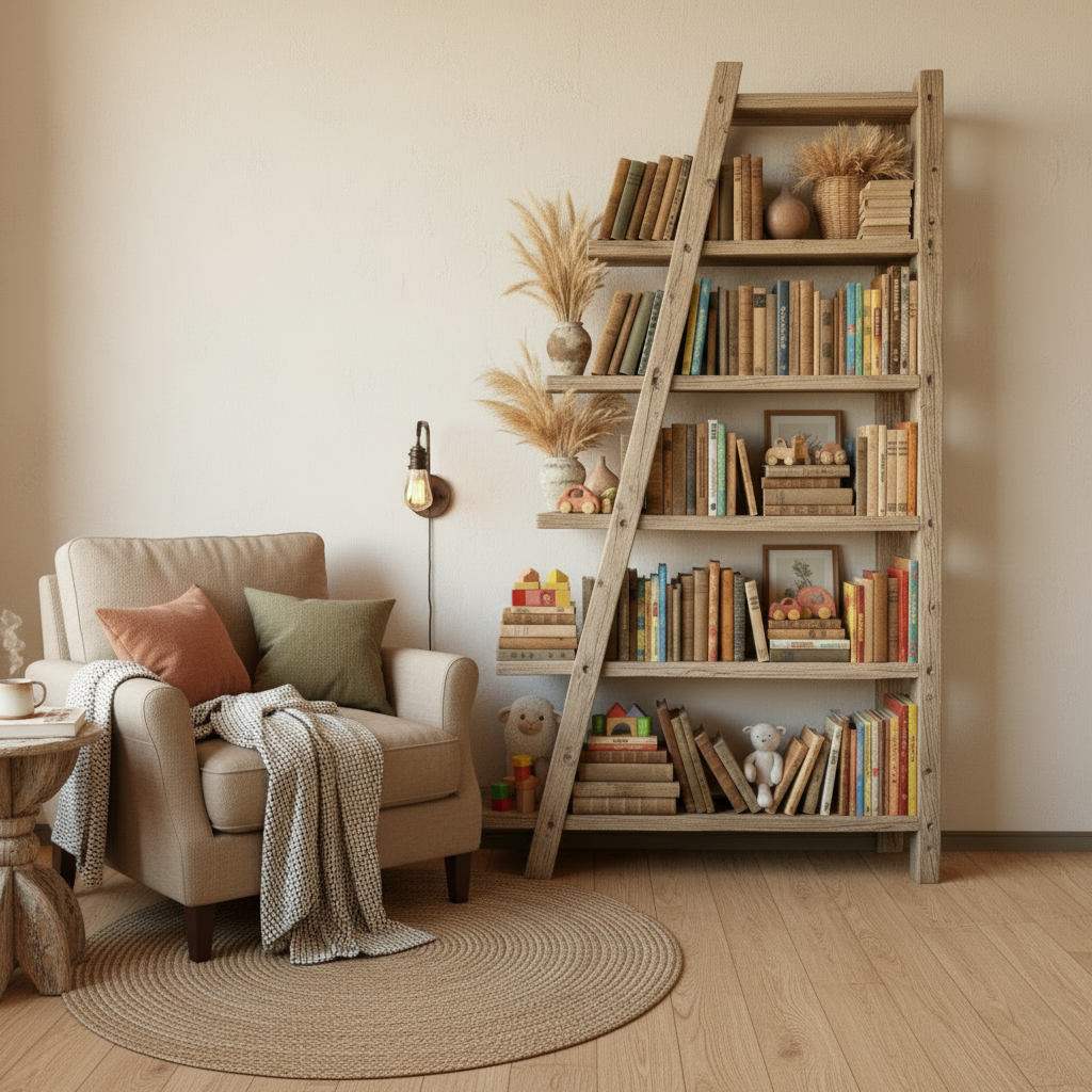 ASHBOURNE Rustic American Oakwood Ladder Bookshelf
